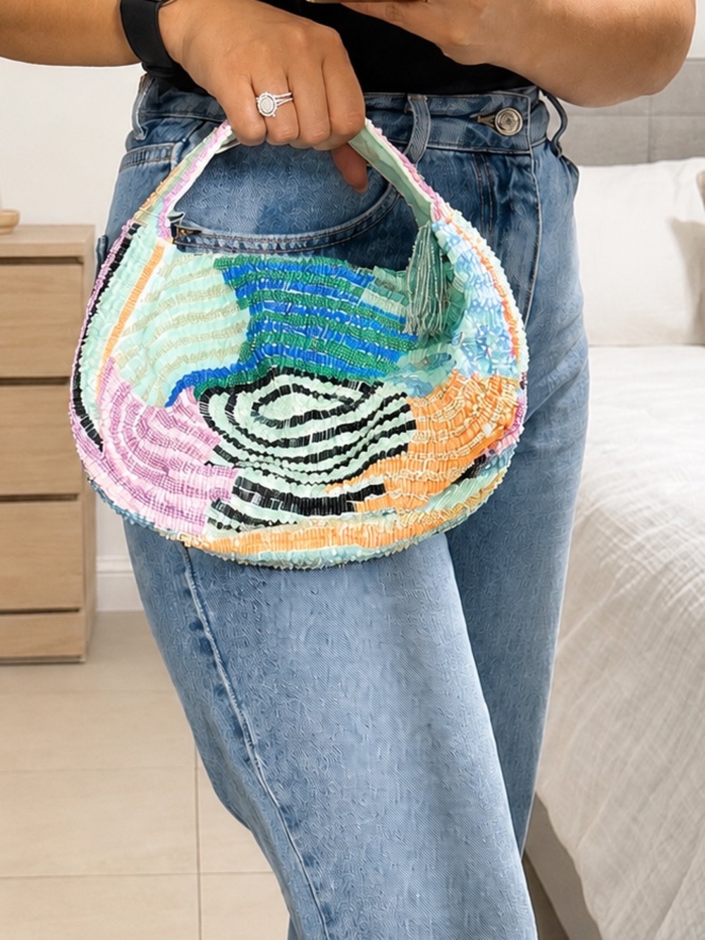 Handmade Multicolor Beaded Mini Shoulder Bag Abstract Wave Mint Green Purse